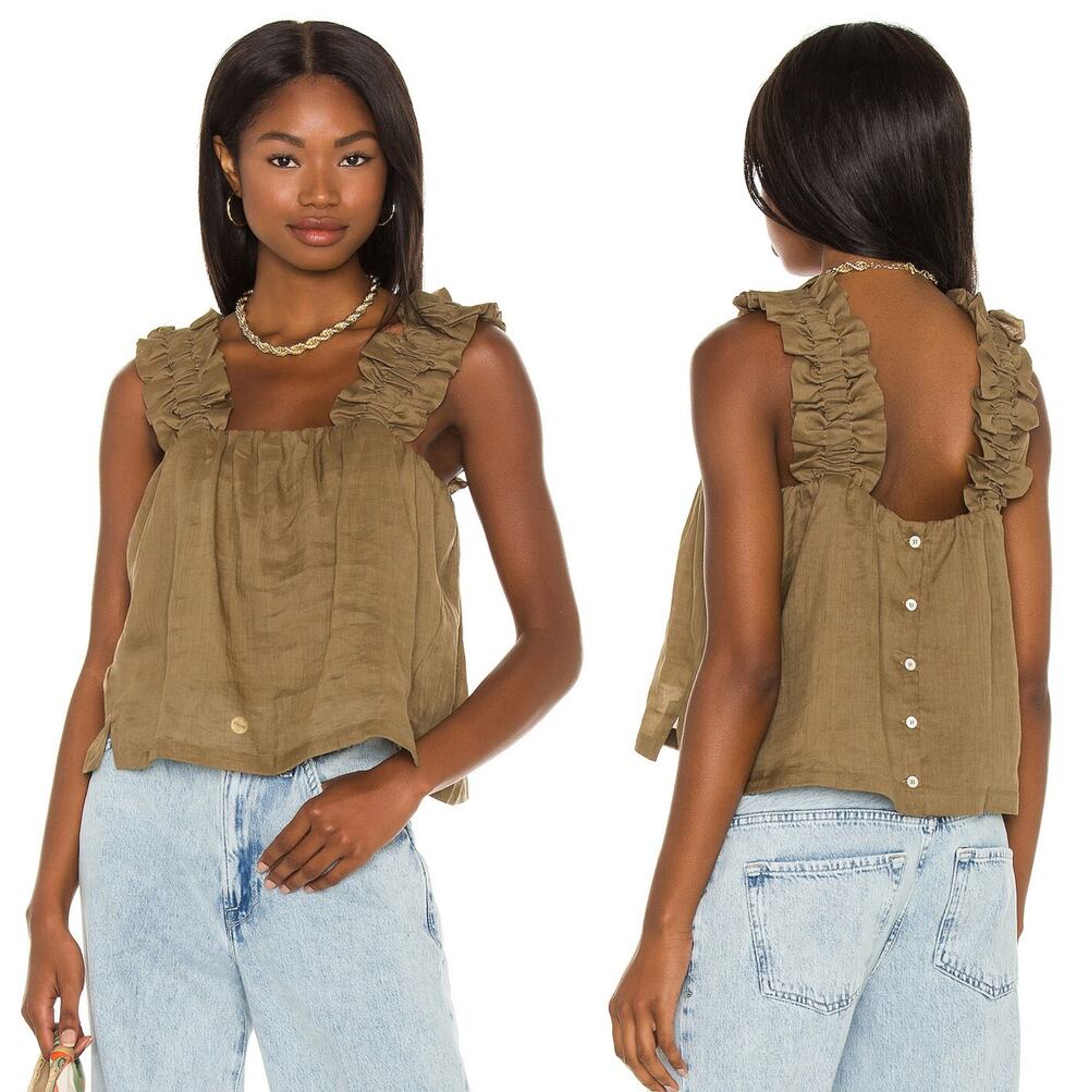 NEW FRAME Ruffle Strap Tank Square Neck Back Button Top Moose Green Size: Small